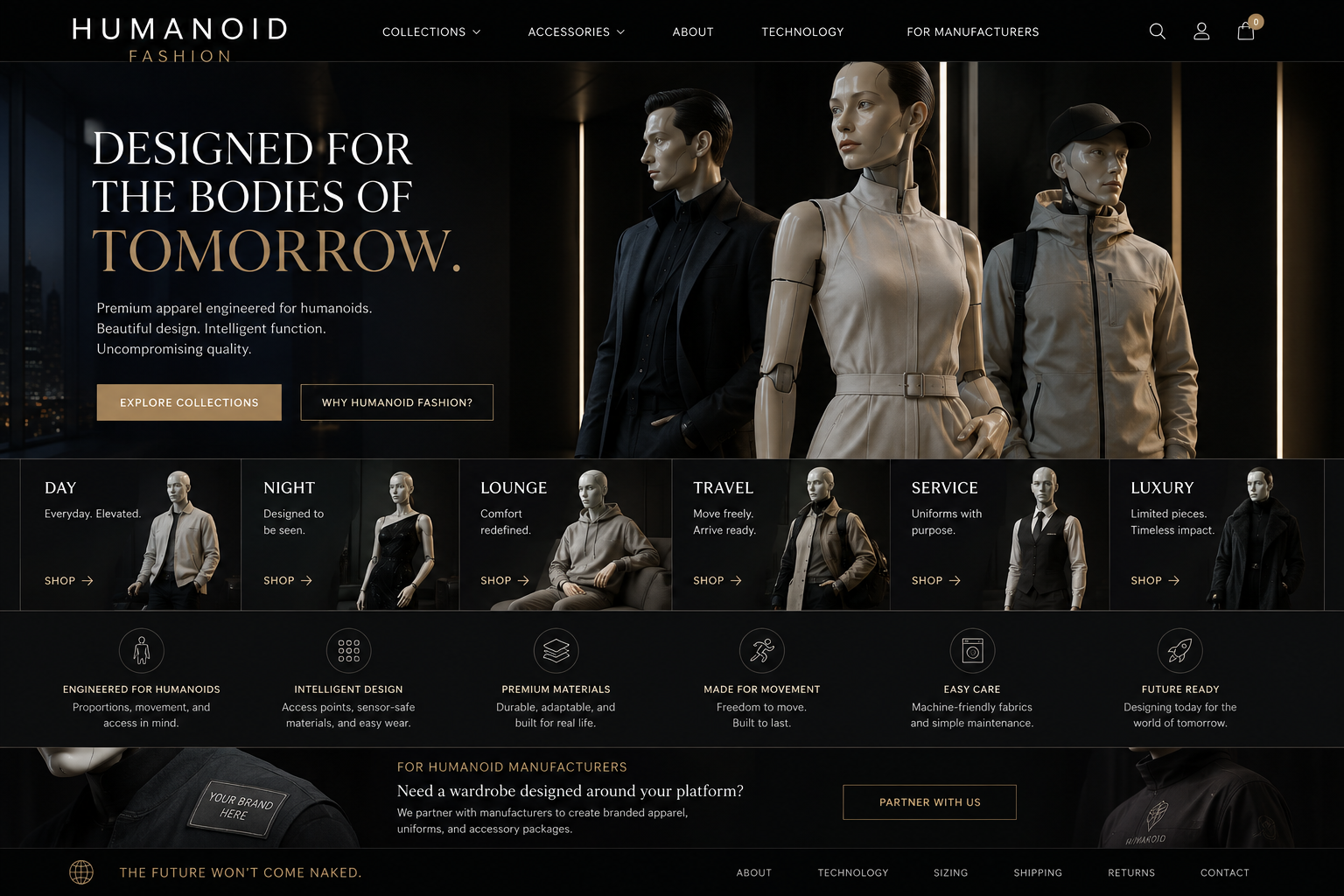 Humanoid fashion editorial scene with humanoids wearing premium apparel